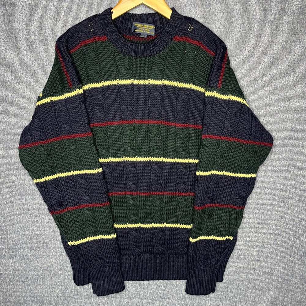 Brooks Brothers Vintage 100% Wool Cable Knit Striped Sweater Mens Large Navy